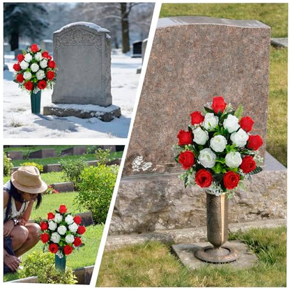Artificial Cemetery Flowers with Vase, Artificial Headstone Memorial Flowers Rose Bouquet for Graveyard Grave Cemetery Decoration, Set of 2 (Red&White)