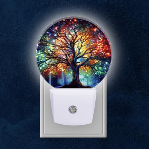 Round LED Night Lights Lamp with Dusk to Dawn Sensor, Vibrant Tree of Life with Branches Night Light Plug Into Wall for Kids Room, Bedroom, Bathroom, Kitchen, Hallway - color: Vibrant Tree of Life With Branches, size: Small