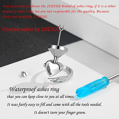 Sterling Silver Urn Rings for Ashes for Women: Angel Wing Opal Cremation Jewelry Rings for Ashes of Loved Ones - Cat Dog Memorial Keepsake Open Adjustable Ring Jewelry for Women - style: Angel Wings Urn Rings