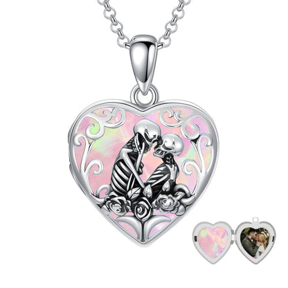 Personalized Heart Locket Necklace That Holds Pictures 925 Sterling Silver Custom Photo Lockets Necklaces Jewelry Gifts for Family Women Lover - color: Skull-Pink opal, style: Locket Only