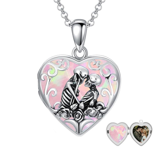 Personalized Heart Locket Necklace That Holds Pictures 925 Sterling Silver Custom Photo Lockets Necklaces Jewelry Gifts for Family Women Lover - color: Skull-Pink opal, style: Locket Only