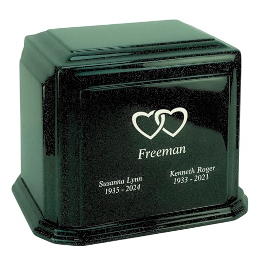 Custom Engraved Arch Cultured Marble Urn for Two - Dark Green - Companion Sized Cremation Urns for Human Ashes - Green - Ground Burial, Home Memorial and Funeral Cremation Urn - color: Dark Green