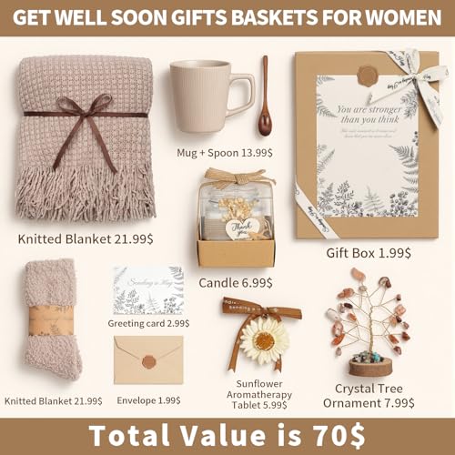 Get Well Soon Gifts Baskets for Women, Thinking of You Gift Comfort Gifts with Healing Crystals Tree, Sympathy Gift Feel Better After Surgery Recovery Wellness Hug in a Box for Her Mom Friends, Brown - color: Brown
