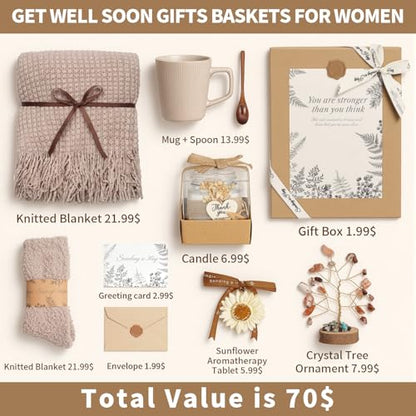 Get Well Soon Gifts Baskets for Women, Thinking of You Gift Comfort Gifts with Healing Crystals Tree, Sympathy Gift Feel Better After Surgery Recovery Wellness Hug in a Box for Her Mom Friends, Brown - color: Brown