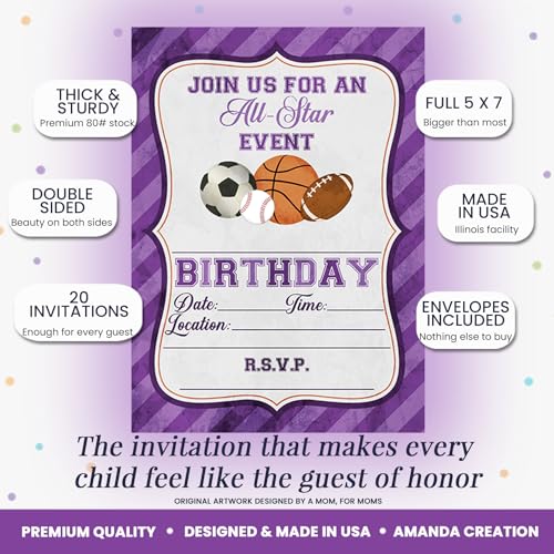 Purple All Star Sports-Themed Birthday Party Invitations for Girls, 20 5x7 Fill In Cards with Twenty White Envelopes by AmandaCreation - style: Purple All Star