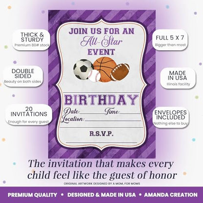 Purple All Star Sports-Themed Birthday Party Invitations for Girls, 20 5x7 Fill In Cards with Twenty White Envelopes by AmandaCreation - style: Purple All Star
