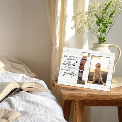 Pet Cat Dog Memorial Loss Gifts Picture Photo Frame with Collar Holder for 4x6 Photos, You Were My Favorite Hello and My Hardest Goodbye - color: white