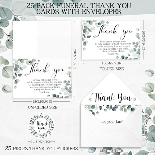 Marspark 25 Pack Funeral Thank You Cards Sympathy Envelopes, Leaves | Bereavement Message Memorial Postcards with Stickers, for Loved Ones Family Friends, Celebration of Life - style: Leaves