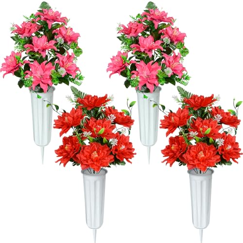 XONOR Artificial Cemetery Flowers, Artificial Grave Memorial Flowers with Vase for Cemetery Graveyard Decoration (Red, Set of 4) - color: Red&pink- 7flowers