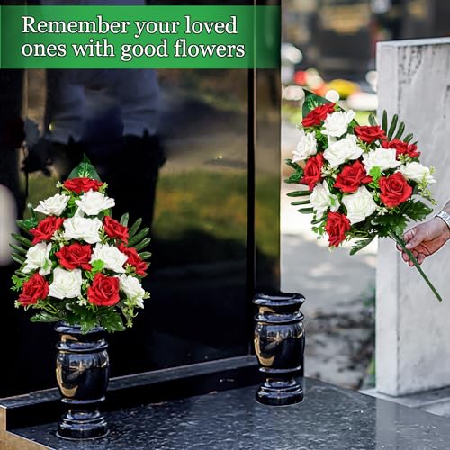 XONOR Artificial Cemetery Flowers, Memorial Rose Flowers Grave Decoration Flower Bouquets with Vase for Cemetery Graveyard Headstones Decor, Set of 2 (Red&White)
