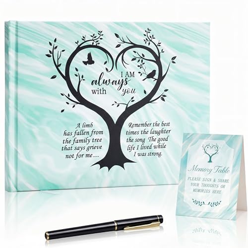 Funeral Guest Book for Memorial Family Tree Pattern Green | for Funerals Elegant Celebration of Life and Loving Memorial Guest Book Complete with Pen and Table Sign - color: Family Tree