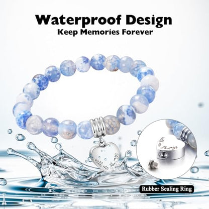 XIUDA Heart Cremation Memorial Urn Bracelet 316L Stainless Steel Keepsake Jewelry Urn Bracelet for Ashes for Women-With Me Always - style: Blue Agate Stone, Engraved