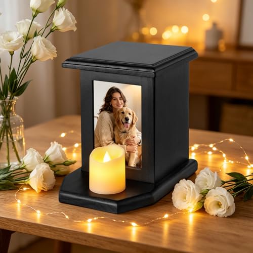 Dletay Pet Urn for Dogs 5.51 Inch with Photo Frame Memorial Small Cremation Urn for Dog Cat Ashes Decorative Pet Ashes Keepsake Memory Box Black