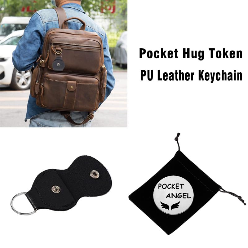 Pocket Angel Pocket Hug Token Long Distance Relationship Keepsake Stainless Steel Double-Sided Inspirational Gifts for Family Friends Coworker Christmas Birthday Gifts Angel PU Leather Keychain