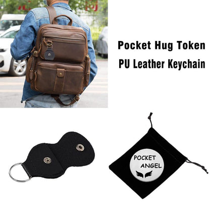 Pocket Angel Pocket Hug Token Long Distance Relationship Keepsake Stainless Steel Double-Sided Inspirational Gifts for Family Friends Coworker Christmas Birthday Gifts Angel PU Leather Keychain