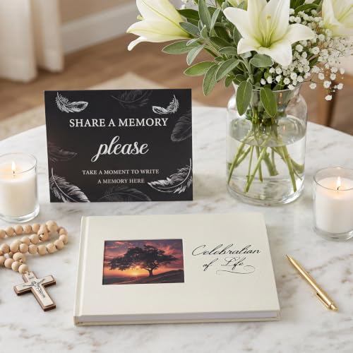 Funeral Guest Book, Celebration of Life GuestBook with Photo Slot | 330 Entries, Table Sign Card Included, Gold Stamping, Twill-Textured Paper Cover, in Loving Memory Keepsake, 9x7.5", Beige - color: Beige-c