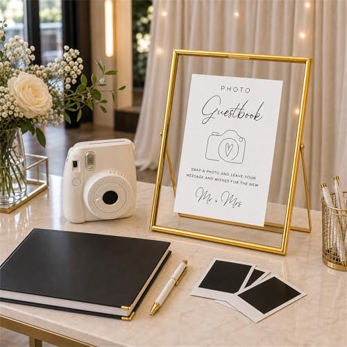 Calculs Photo Guest Book Sign, Gold 8x10 Floating Picture Frame | Double glass metal frame, fits 6x8 insert, photo guest book station, reusable tabletop frame for signs and photos - color: Gold