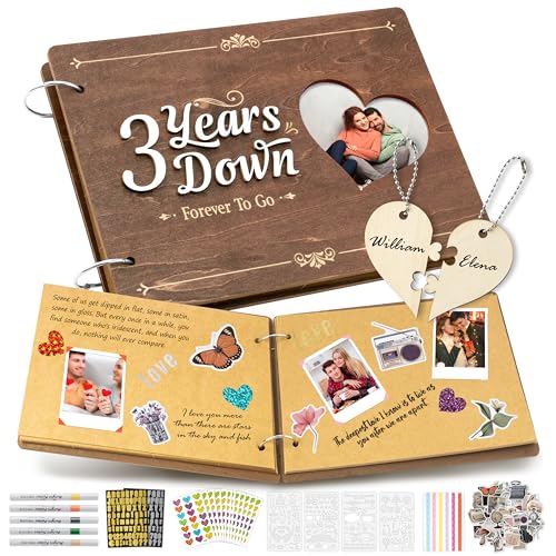 CY2SIDE 3 Years Anniversary Couple Scrapbook - 111PCS 3 Years Down Wooden Photo Album Scrapbook Craft Kit with Heart Puzzle Brown Paper Sticker and Template for DIY Dating Gift for Him Her - style: 3 Years Couple
