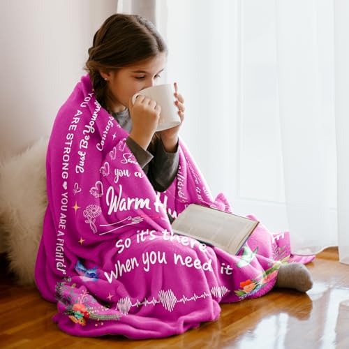 Warm Hug Get Well Birthday Gift for Women Throw Blanket 52'' x 60'' | You're Loved Mental Breakdown Recovery Gift with Inspirational sayings for Her,Grandma,Patients - color: Purple Pink Warm Hug