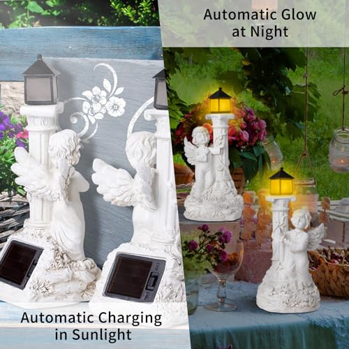 Angel Statues with Solar Lights, Outdoor Solar Angel Garden Statue with Roma Pillar, Resin Angel Ornament for Garden Decor Yard Wedding Home Decor Christian Religious Gift