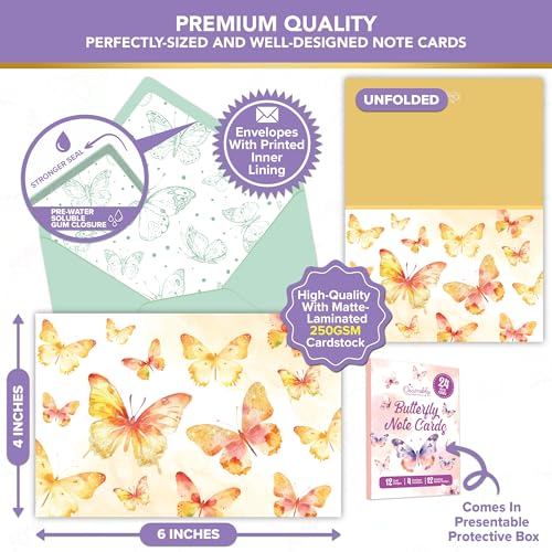 Decorably 24 Pack 6x4in Enchanting Glittery Butterfly Blank Cards | Envelopes & Stickers, 12 Enchanting Butterfly Designs for Family & Friends, Blank Inside - Birthdays, Weddings, Gifting