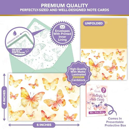 Decorably 24 Pack 6x4in Enchanting Glittery Butterfly Blank Cards | Envelopes & Stickers, 12 Enchanting Butterfly Designs for Family & Friends, Blank Inside - Birthdays, Weddings, Gifting