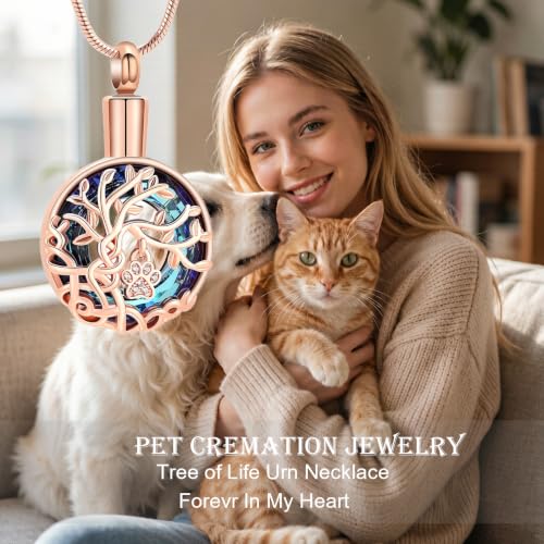 zeqingjw Pet Cremation Jewelry Tree of Life Urn Necklace for Ashes for Dog/Cat Funeral Ashes Keepsake Paw Print Urn Pendant Memorial Jewellery - color: Rose Gold-Blue