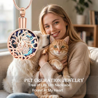 zeqingjw Pet Cremation Jewelry Tree of Life Urn Necklace for Ashes for Dog/Cat Funeral Ashes Keepsake Paw Print Urn Pendant Memorial Jewellery - color: Rose Gold-Blue