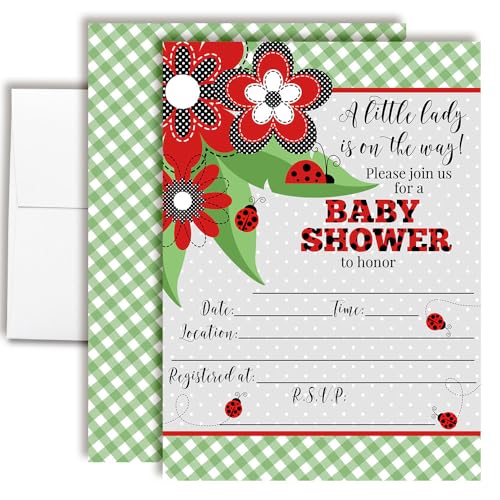Amanda Creation Ladybug Baby Shower Invitations, 20 Fill-In 5x7 Love Bug Baby Shower Invitation Double-Sided Green Ladybug Theme Invite Cards with White Envelopes - style: Little Ladybug