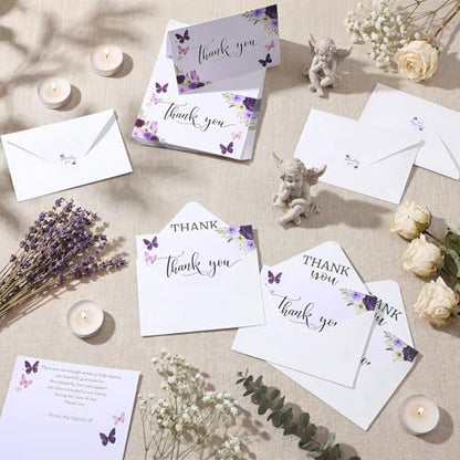 Fumete 50 Set Funeral Thank You Cards, Purple Butterfly | with Envelopes and Sticker Thank You Sympathy Card with Message Bereavement for Funeral Family Loved Ones Celebration of Life - style: Purple Butterfly