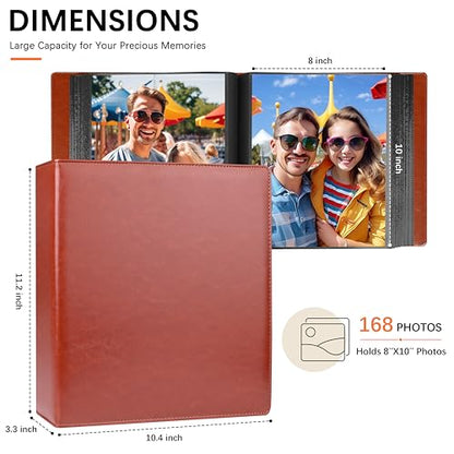 Aevdor 8x10 Photo Album, 168 Photos, Leather Cover, Brown | Large Capacity, Side-Loading Clear Pockets, Vertical 8x10 Layout, Black Inner Pages, Wedding, Travel, Baby & Family Memories - color: Brown