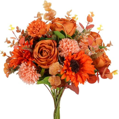 17PCS Fall Flowers Sunflowers Artificial Flowers Fake Rose with Mums - color: Orange