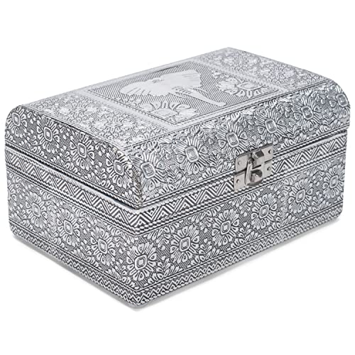 Cottage Garden Elephant Silver Tone Metal Stamped Round Top Trunk Keepsake Box - color: Silver Tone, style: Elephant