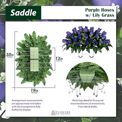 30" Headstone Flower Saddle Artificial Cemetery Flowers - Gravesite Flowers - Purple Roses - color: Purple Roses, size: (1) Saddle