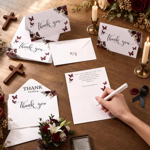 Fumete 50 Set Funeral Thank You Cards, Red Butterfly - style: Red Butterfly