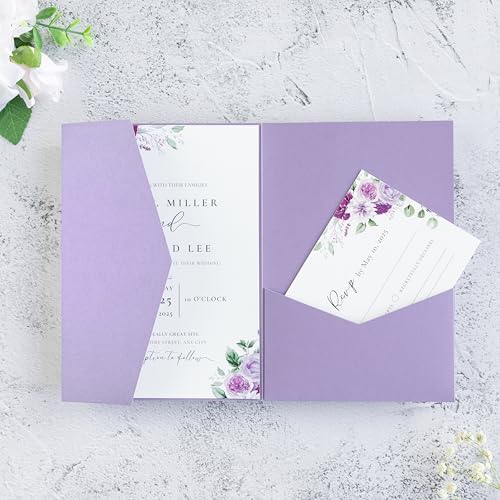 20 PCS Lilac Tri-fold Laser Cut Wedding Invitation Pockets for 5x7 Wedding Cards Bridal Shower Engagement Quinceanera Invitation - color: Lilac