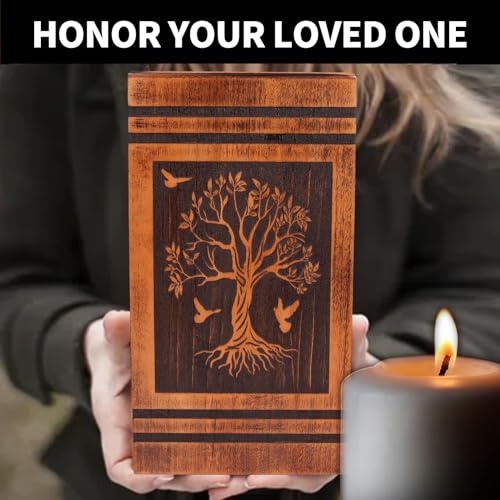 Wooden Cremation Urns for Human Ashes Adult Female Male, Handcrafted Solid Wood TSA Approved Tree of Life Urn for Ashes for Women with Bag, Full Size 300 Cubic Inches Urn (11.4” H)