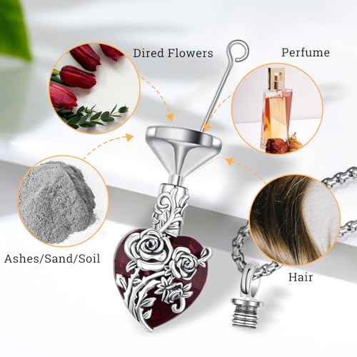 Urn Necklace for Ashes for Women/Men 925 Sterling Silver Cremation Jewelry w/Funnel Filler Memorial Jewelry Gifts - color: A-Rose (Crystal-Red), style: Non - Customized