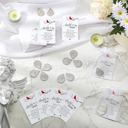 Ctosree 100 Set Funeral Gifts Celebration of Life Decorations Idea Mini Tear Shaped Memorial Ornament Pocket Token Cardinal Funeral Prayer Cards and Organza Bags Favors for Guests