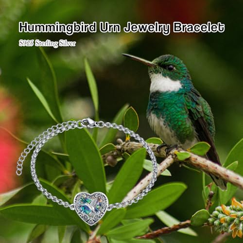 Urn Bracelet for Ashes 925 Sterling Silver Heart Cremation Bracelet Memorial Keepsake Jewelry Gifts for Women - color: 09-Hummingbird Urn Bracelet