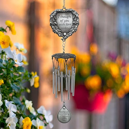 Sympathy Memorial Wind Chime & Photo Ornament Gift Set – “I Thought of You with Love Today” Engraved Chime – Angel Wings “in Loving Memory” Picture Ornament -2” Photo – Bereavement & Funeral Gift