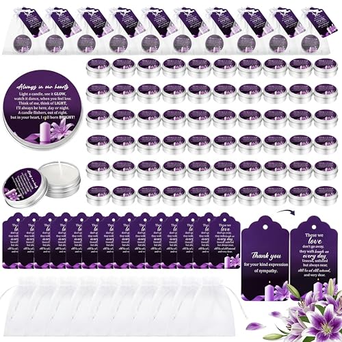 Conelist 60 Sets Funeral Favors for Guests Memorial Candles Gift Celebration of Life Funeral Candles Prayer Cards Organza Bag Supply Scented Sympathy Gift Memorial Service Grief Share Meeting(Purple) - color: Purple