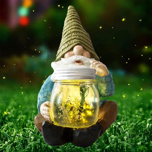 Solar Firefly Jar Gnome Statues - Large Garden Gnome Funny 10.6" | LED Lights Resin Statues Outdoor Decor for Courtyard, Lawn, Porch, and Patio,Christmas, Birthday Gift for Mom, Grandma, Women - color: Firefly Jar Gnome