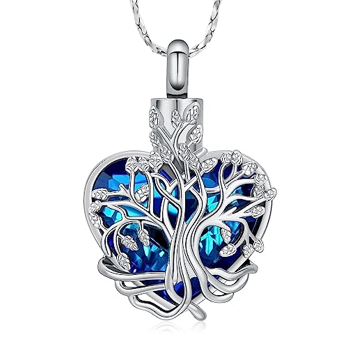 Imrsanl Tree of Life Heart Urn Necklace Cremation Jewelry for Women - color: Silver-Blue