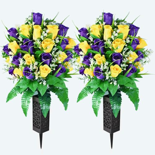 2 Sets Artificial Cemetery Flowers For Grave 24 Heads Flowers For Cemetery - color: Yellow + Purple