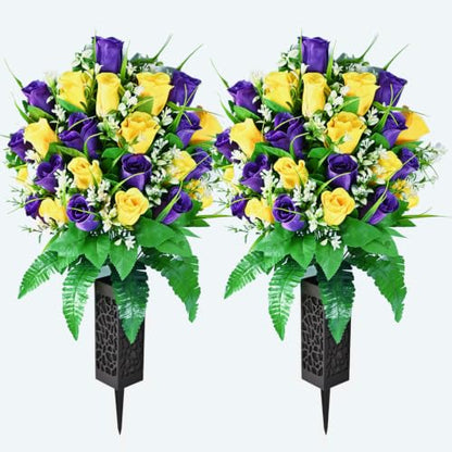 2 Sets Artificial Cemetery Flowers For Grave 24 Heads Flowers For Cemetery - color: Yellow + Purple