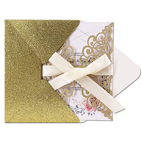 50Pcs Laser Cut Wedding Invitation With Glitter Envelopes And Ribbons Blank Personalized Card Invitaciones Para quinceañera Birthday Baby Shower Christmas Party Bridal Shower (Gold) - color: Gold