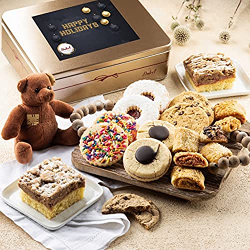 Dulcet Gift Baskets Happy Holiday Deluxe Bakery Mix of Assorted Cookies and Pastries with Decorative Teddy Bear for Women, Friend, College, Couples, Mom, Dad, Wife, Daughter, Him and Her. - style: Holiday