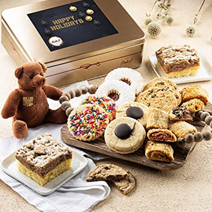 Dulcet Gift Baskets Happy Holiday Deluxe Bakery Mix of Assorted Cookies and Pastries with Decorative Teddy Bear for Women, Friend, College, Couples, Mom, Dad, Wife, Daughter, Him and Her. - style: Holiday