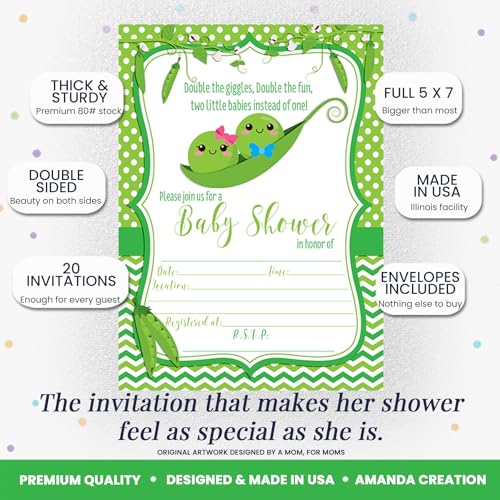 Two Peas in a Pod Theme Twin Baby Shower 20 Invitations 5"x7" Fill-In Cards with Envelopes, Boy and Girl Twin Shower Stationery Set, Design for Celebration, Made in USA by Amanda Creation - style: Two Peas in a Pod Twin Boy and Girl